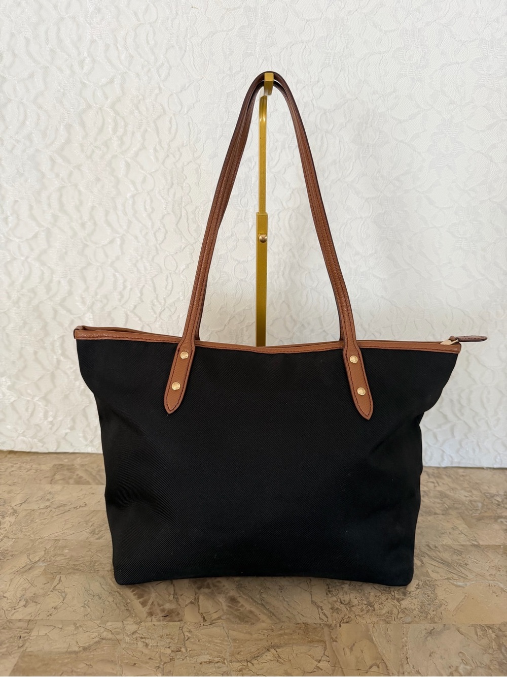 COACH Sawyer Black Tote black cotton with Brown Leather Trim and Front Zip - Picture 2 of 10